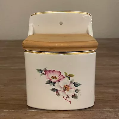 Vintage Ceramic Salt Cellar Box Wall Mount Flowers Wood Lid • $24.95
