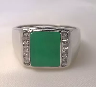 G-Filled 18ct White Gold Simulated Diamond Jade Men's Ring Green Gents Jewellery • $50