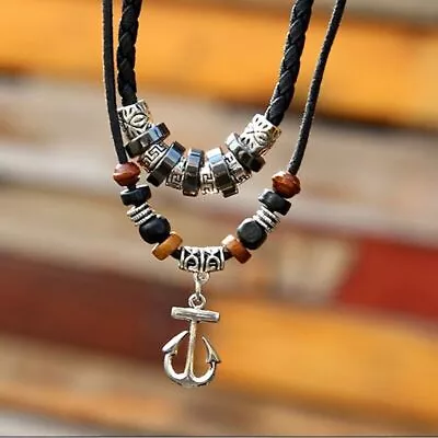 Men's Vintage Wolf Tooth Pendant Beaded Multilayer Leather Rope Necklace Jewelry • $2.75