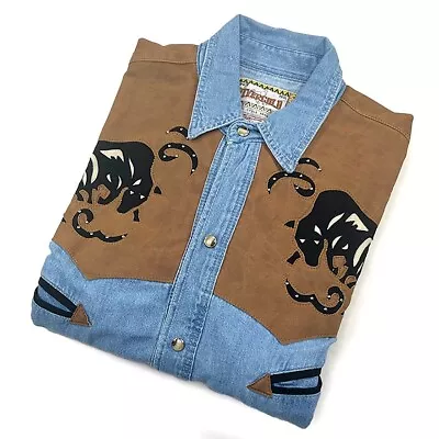 Vintage Denim & Suede Western Bull Shirt • $29