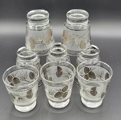 8 Vintage Libbey Frosted Glass Silver Foliage Pine Cone Cocktail  Juice Glasses • $32