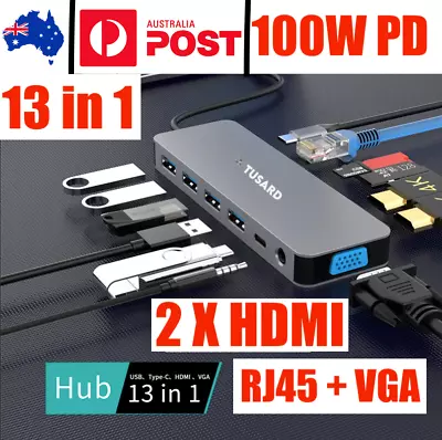 $99.95 • Buy TUSARD USB C Hub To Dual HDMI VGA Triple Display Screen, RJ45, 13-in-1 Adapter