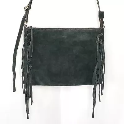 Ugg Suede Hobo Crossbody Bag Purse S Smokey Gary Black Side Fringe Tassels Boho • $31.45