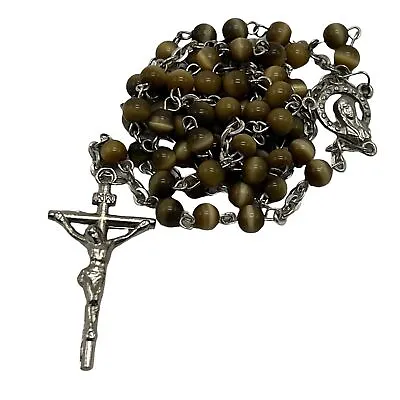 Vintage Brown Round Glass Bead Rosary INRI Silver Tone Crucifix 18.5  • $12.22