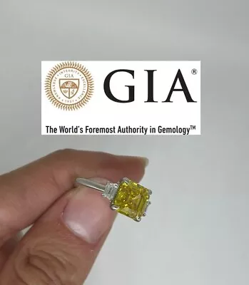 Diamond Ring Fancy Vivid Yellow Asscher GIA Certified VS2 3.33 CT Platinum Size6 • $23999.99