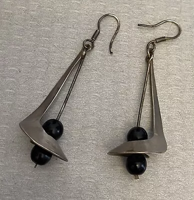 MCM Mexico 925 Sterling Silver Onyx Earrings Handmade Dangly Spiral Sculpture 2  • $49.95