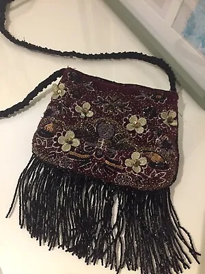 Zara Embellised Burgundy Plum Beaded Fringe Pouch/ Bag With Strap • £39.99