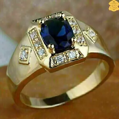 2Ct Oval Cut Blue Sapphire & Diamond Men Wedding Ring 14K Yellow Gold Plated • $87.99