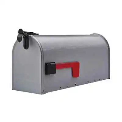 Post Mount Mailbox Grey Metal Ribbed Gray Steel Mail Box Red Flag Standard Size • $23.57