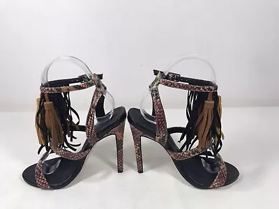 ASOS Black Snake Skin Leather Tassels T Bar Peep Toe Cushioned Stiletto Shoes 3 • £17.99