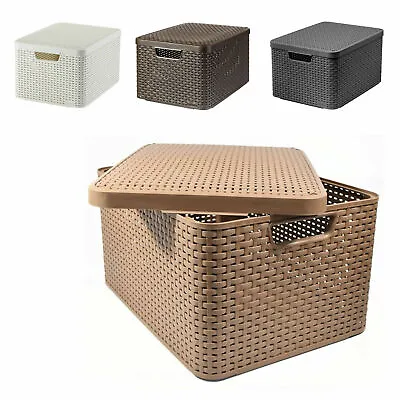 £10.89 • Buy Storage Box Basket Container Lid Handles Rattan Style Curver 3 Sizes 4 Colours 
