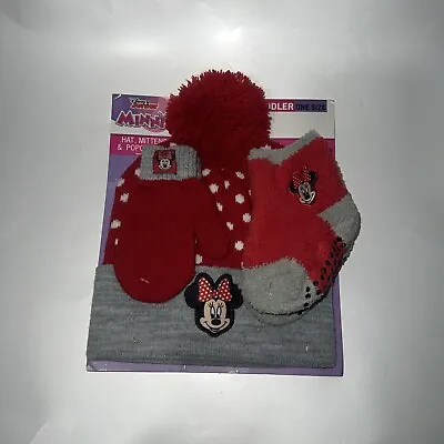 Disney Minnie Mouse Winter Hat Mittens And Popo Sock Set Toddler Girls Ages 2-4 • $15.40