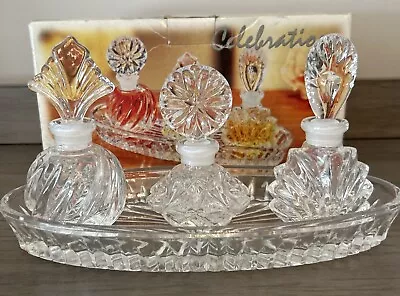 Lot Of Crystal Perfume Bottles W Stoppers / Tray - Vintage Celebrations • $19