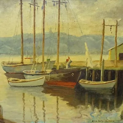 1957 Gloucester MA Sailboats Harbor Nautical Oil Painting Signed Bullock 20x16 • $379