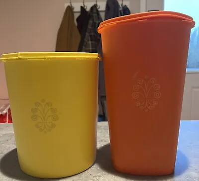 Vintage Retro Tupperware Canister  Pleated Lid 10.5  Tall Orange And Yellow • $24.99