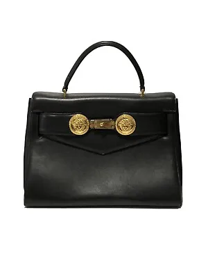 Vtg Gianni Versace Black Leather Gold Medusa Kelly Bag • $648