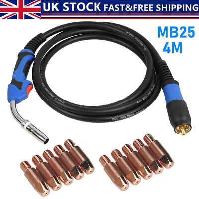 4M MB25 MIG Welding Torch Lance 25AK Euro Fit Gas Gasless 4m Cable With 10 Tips • £42.99