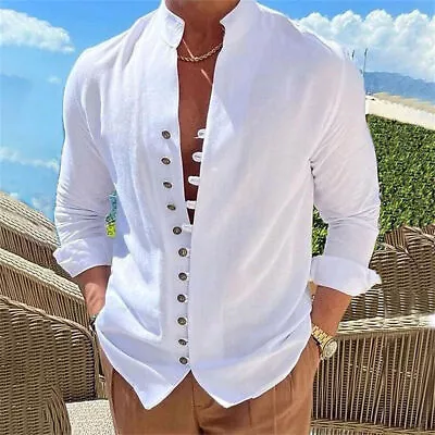 Men's Casual Slim Shirts Long Sleeve Button Down Tops Blouses Cotton Linen Shirt • $19.99