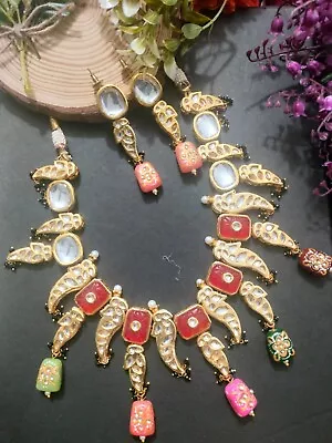 Beautiful Antique Gold Stone Backside Meenakari Kundan IndianChoker Necklace Set • $35.32