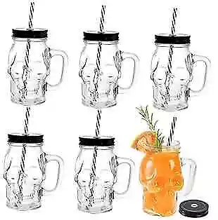  6 Pack Glass Mason Drinking Jars With Handle 16 Oz Skull Beer Mugs Wide  • $36.44