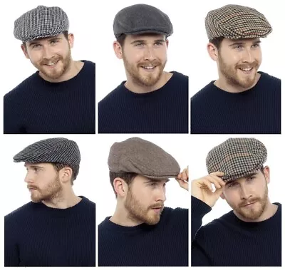 Mens Tweed Check Vintage Herringbone Wool Mix Flat Cap Gatsby Baker Boy Newsboy • £5.99