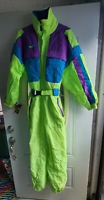 Vintage DOWNHILL RACER Ski Snow Suit Mens Size M Purple Blue Neon Green • $8