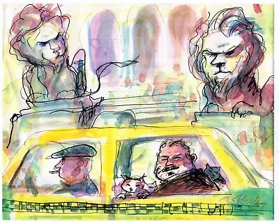 John Bobbish Original Watercolor+ink NYC Street Art Taxicab Hemingway And Cats • $95