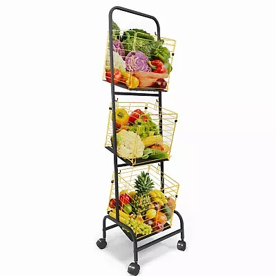 3 Tier Fruit Vegetable Storage Basket Metal Basket Stand With Wheels Kitchen • $20