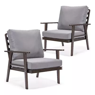 LeisureMod Walbrooke Outdoor Patio Brown Aluminum Armchairs Set Of 2 Gray • $980.30