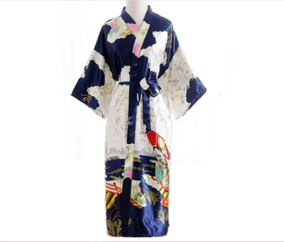 $20.99 • Buy Navy Blue Kimono Satin  Dressing Gown Women's Long Bath Robe Pajamas Sleepwear