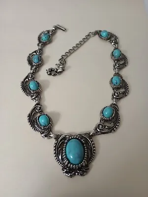 Vintage Chunky Faux Turquoise Silver Tone Necklace Four Leaf Clover Dangle • $10