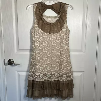 A’reve Sz L Sleeveless Lace Dress Ruffle Bow Back Champagne Dress Cocktail • $28