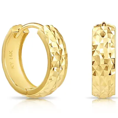 14K Solid Yellow Gold Round Diamond-Cut Chunky Huggie Hoop Earrings Small 13MM • $142.50