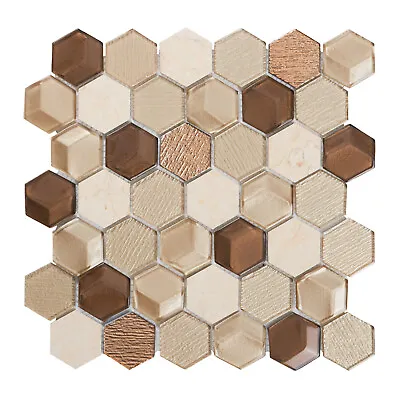 Hexagon Crema Marfil Stone Metallic Beige 3D Insert Glass Mosaic Tile Backsplash • £23.94