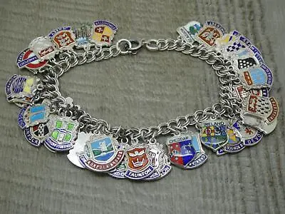 Vintage English Sterling Silver UK Travel Shield Charm Bracelet & 40 Charms 60g • $186.76