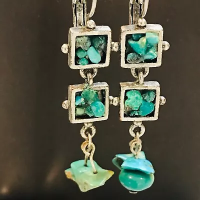 VTG Southwest Turquoise Chip Dangle Drop Silvertone Earrings Unsigned Boho 2” • $15