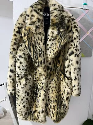 ZARA Ladies Leopard Print Faux Fur Satin Lined Coat Size Small • $43.52