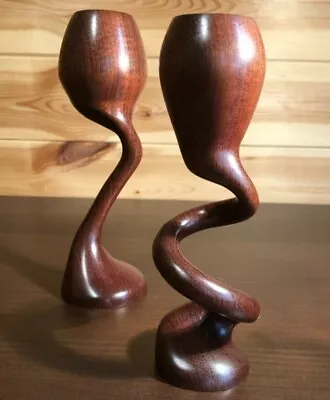 Pair Of Postmodern Hand Turned Wooden Sculptural Winding Goblets • £125