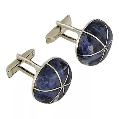 Mexican 950 Sterling Silver Pair Cufflinks W/ Blue Marbled Color Stones • $48