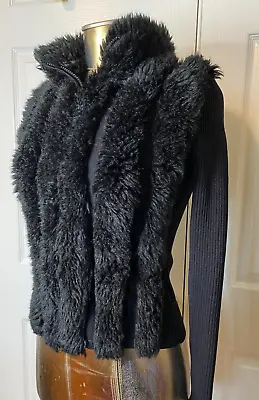 Vintage CACHE Faux Fur XS SWEATER Zip Up Ribbed Jacket BLACK 90s Mob Wife • $44