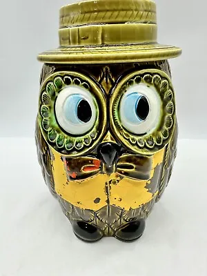 Vintage RETRO Owl Cookie Jar Green Hat Bow Tie Japan Ceramic AS IS READ • $28.77