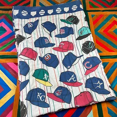 Vintage 1996 MLB Baseball Comforter Blanket 90s Caps Hats Mancave Twin Size • $50