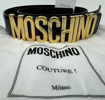 NEW MOSCHINO Logo Lettering Leather Belt Sz XS 38 Black Calf Leather Gold Womens • $199.90