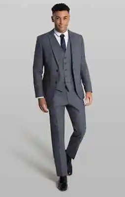 Mens 3 Piece Suit Grey Check Wool Slim Fit Wedding Formal Business • £99.99