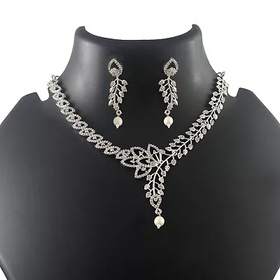 Cz Jewelry Silver Plated Neckles Set Indian Bollywood Bridal Party Wedding Women • $27.51