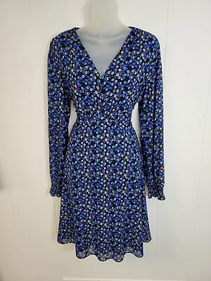 Cabi The Ten Dress Blue Black Mesh Leaf Print Long Sleeve V-neck Size Medium M • $19.99