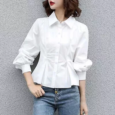 Spring Fall Blouse Solid Color Match Pants Lapel Women Office Shirt Soft • $34.87