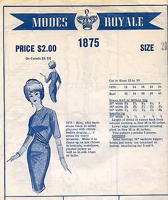 1950's VTG Modes Royale Misses' Dress Pattern 1875 Size 20 • $34.99