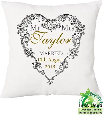 Personalised Mr Mrs Wedding Day Anniversary Gift Heart Canvas Cotton Cushion 18  • £20.50