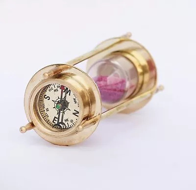 6  Brass Hourglass 2 Min Sand Timer Revolving Compass On Top Nautical Gift • $49.36